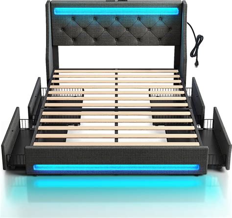 Rolanstar Bed Frame Full Size With Charging Station And Led Lights