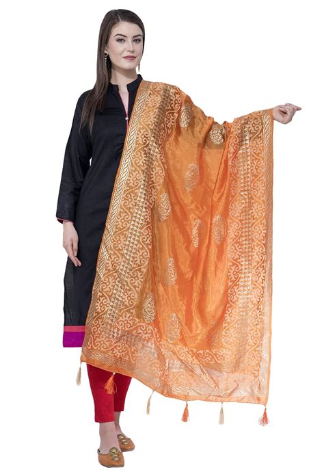 A R Silk Orange Color Silk Pahadi Print Dupattas And Chunnis