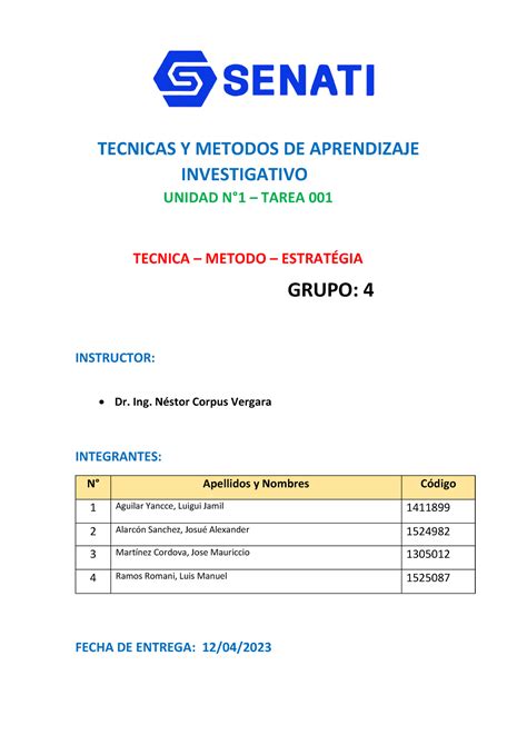 Tarea N1 Grupo 4 Senati TECNICAS Y METODOS DE APRENDIZAJE