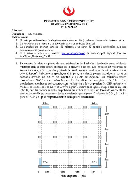 Pc2 Sismo 2021 2 Upc INGENIERIA SISMO RESISTENTE CI 183 PRACTICA