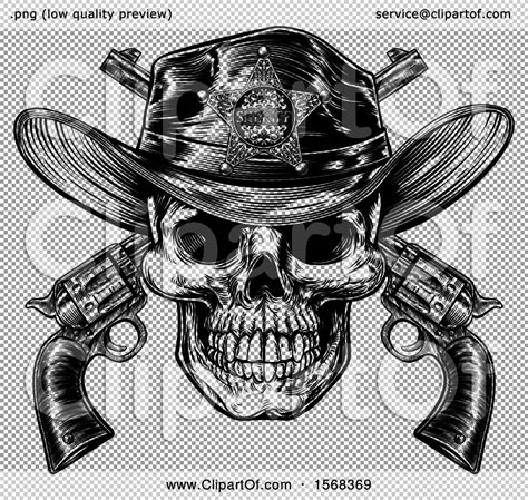 Clipart Of A Cowboy Sheriff Skull Over Crossed Guns In Black And White