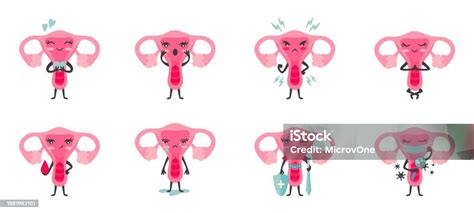 Cute Cartoon Uterus Characters Various Emotions Female Reproductive Organ Gynecology Problems