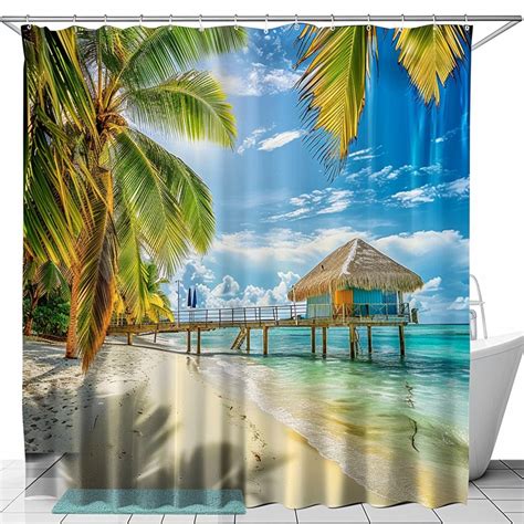 Overwater Bungalow Beach Scene Shower Curtain Tropical Bathroom Decor