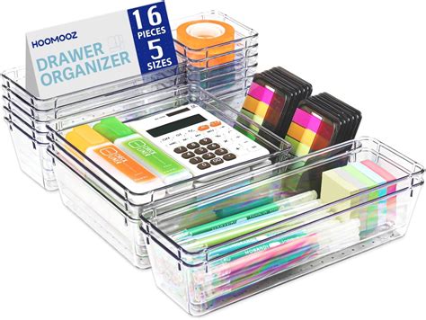 Hoomooz 16 Pcs Plastic Clear Drawer Organizers Set Makeup Organizer 5 Size