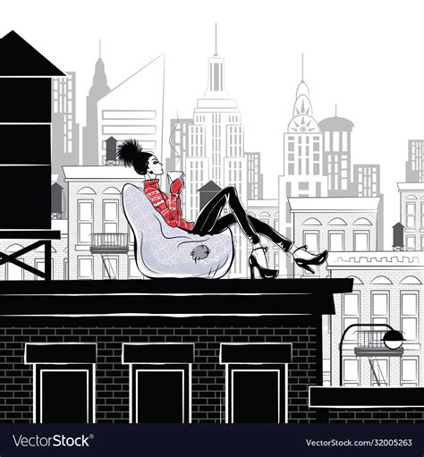 Fashion Girl In Style Sketch In New York Vector Image