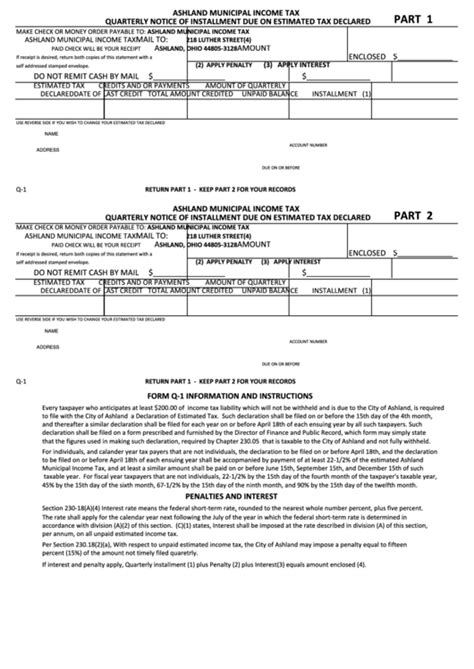 Fillable Form Q 1 Ashland Municipal Income Tax Quarterly Notice Of Installment Due On