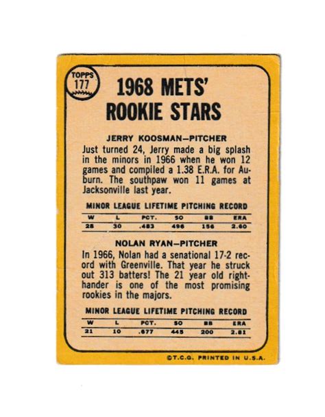 1968 Topps New York Mets Rookies Nolan Ryan Jerry Koosman 177 Poor