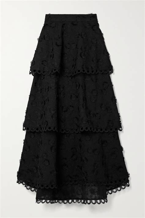 Farm Rio Tiered Embroidered Crepe Midi Skirt In Black Lyst