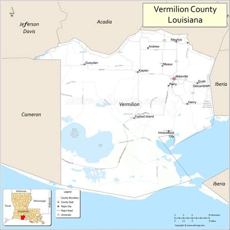 Map of Vermilion Parish, Louisiana showing cities, highways & important ...