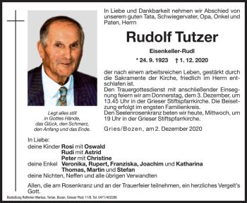 Traueranzeigen Von Rudolf Tutzer Trauer Bz