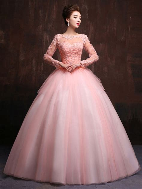 Modest Blush Pink Long Sleeves Quinceanera Ball Gown Prom Dress Home C Jojo Shop