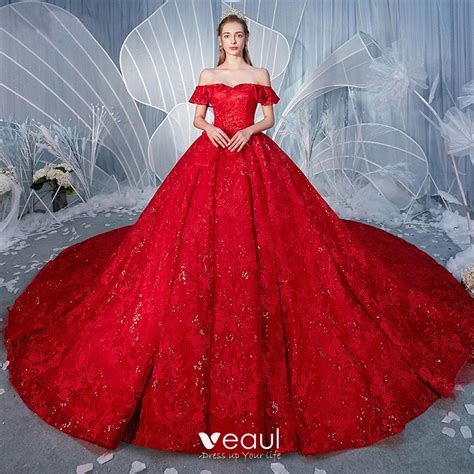 Stunning Red Wedding Dresses 2019 A Line Princess Off The Shoulder