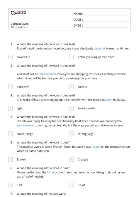 50 Determining Meaning Using Context Clues Worksheets For 6th Class On Quizizz Free And Printable