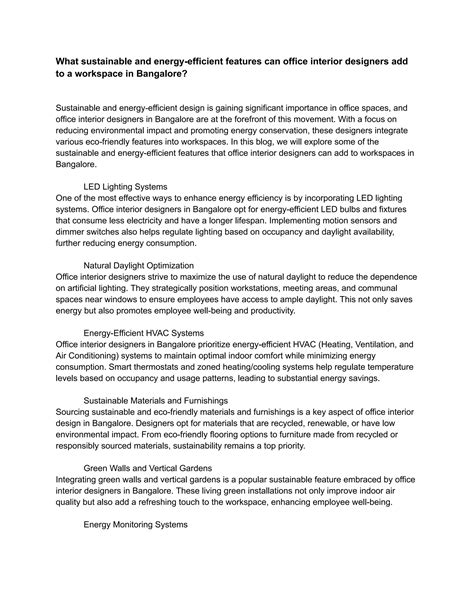 What sustainable and energy-efficient features can office interior