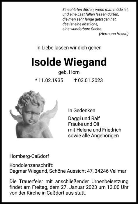 Traueranzeigen Von Isolde Wiegand Trauer Hna De