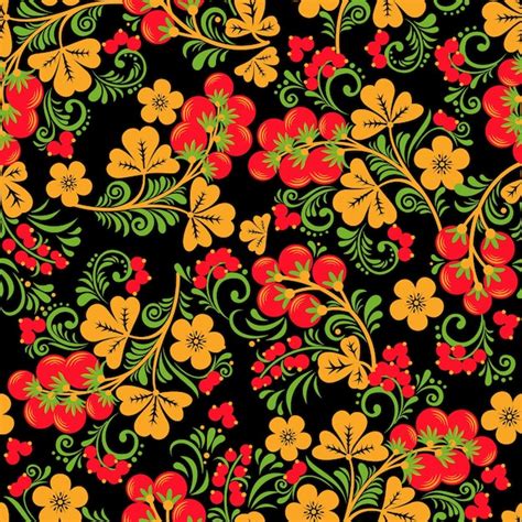 Premium Vector Khokhloma Seamless Pattern With Berries And Leaves On