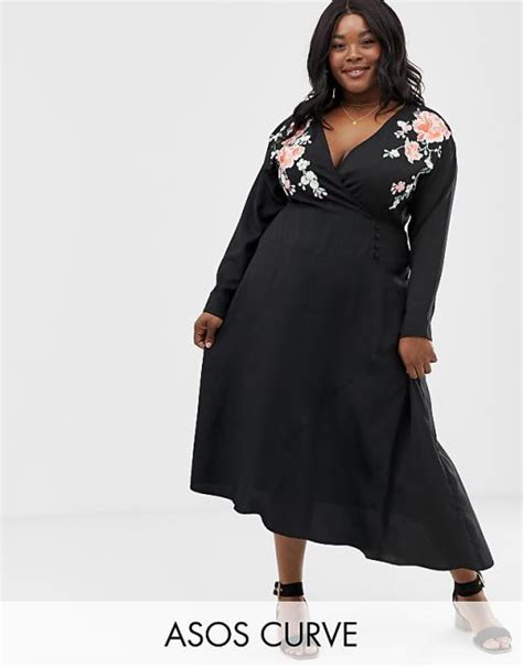 Asos Design Curve Embroidered Wrap Midi Dress Asos