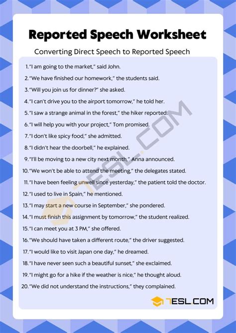 Reported Speech Exercises Reported Speech Worksheet • 7esl