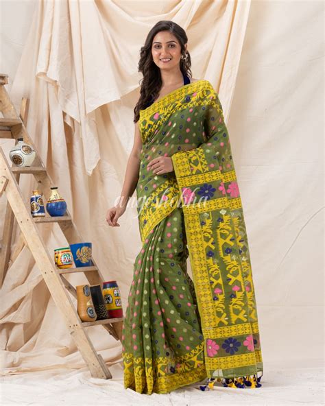 Traditional Green Yellow Soft Dhakai Jamdani Saree