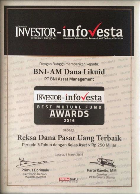 INVESTOR INFOVESTA BEST MUTUAL FUND AWARD BNI Asset Management