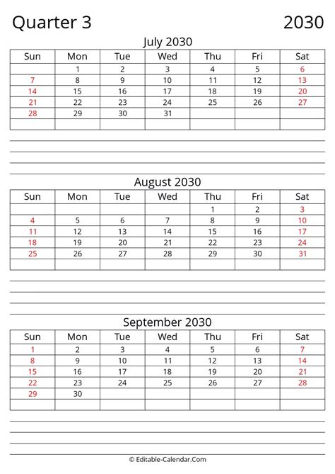 Download Quarter 3 2030 Fillable Calendar With Notes, Sunday Start