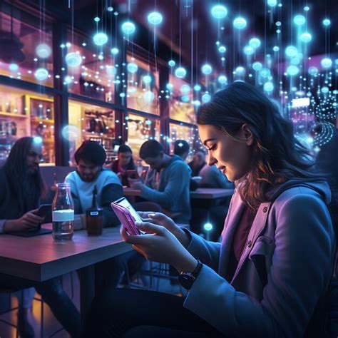 Pessoas Em Um Bar Futurista Assistindo Em Seu Smartphone E Verificando