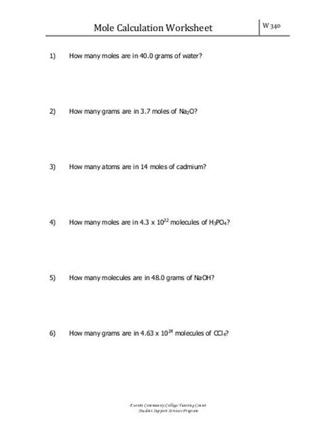 Mole Calculations Worksheet 1 | Free Worksheets Samples