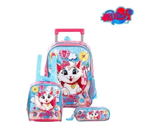 Kit Mochila Escolar Infantil Gata Nini Rodinhas Rosa Azul Shopee