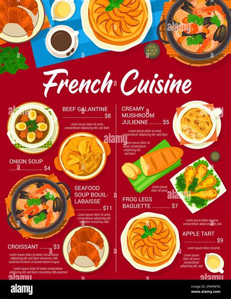 French Cuisine Menu With France Food Dishes And Meals Vector Gourmet