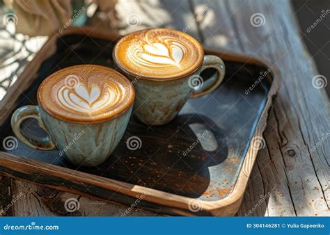 Two Latte With Heart Latte Art On A Tray Stock Image Image Of Tray