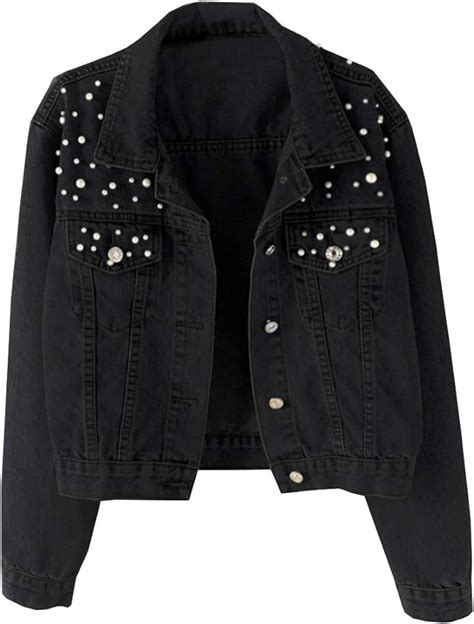 Kedera Women Oversized Denim Jacket Embroidered Pearls Beading Jeans