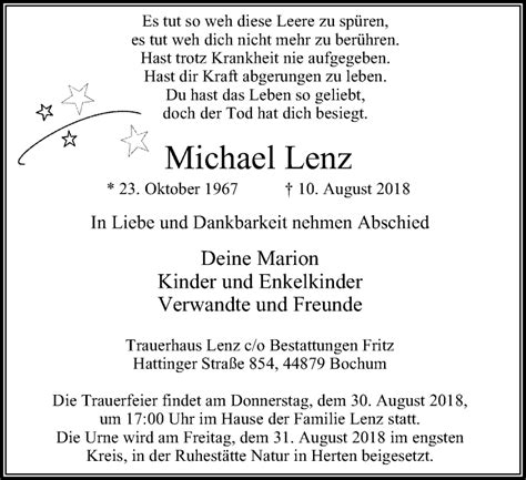 Traueranzeigen Von Michael Lenz Trauer In Nrw De