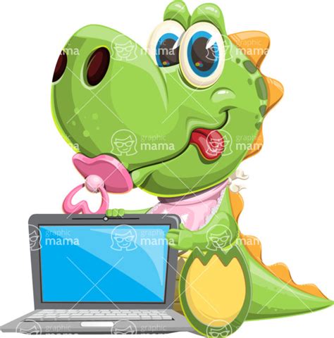 Cartoon Baby Dino Character Set With Laptop GraphicMama