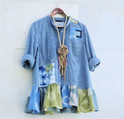 Xl Upcycled Tunic Boho Clothing Recycled Altered Eco Dress Blue Funky