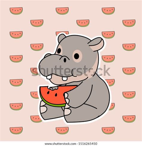 Cute Little Hippopotamus Eating Watermelon Stock Vector (Royalty Free ...