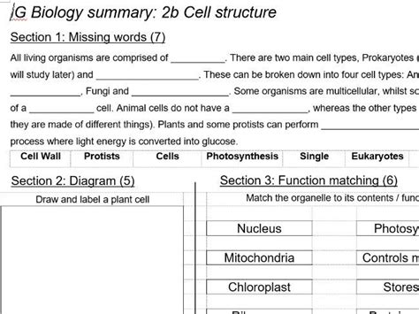 Igcse Biology 2b Cell Structure Summary Sheet Teaching Resources