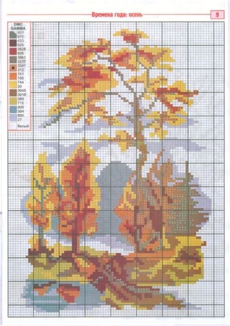 A Cross Stitch Pattern With An Image Of A Tree In The Water And Leaves