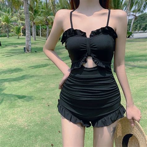 Swimsuit Women Sexy One Piece Bikini Solid Color Korean Fashion