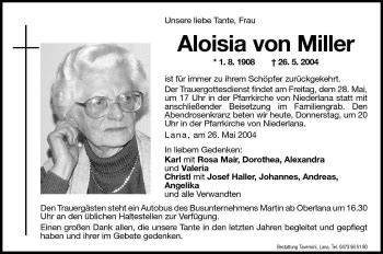 Traueranzeigen Von Aloisia Von Miller Trauer Bz