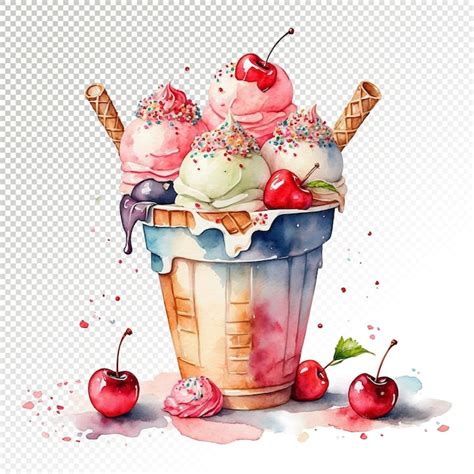 Premium PSD Watercolor Illustration Of Ice Cream Cup With Various Flavors