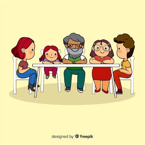 Familia feliz sentada en la mesa diseño de personajes Vector Gratis