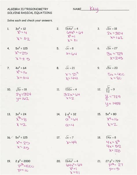 Solve Radical Equations Worksheet | Simplifying radical expressions ...