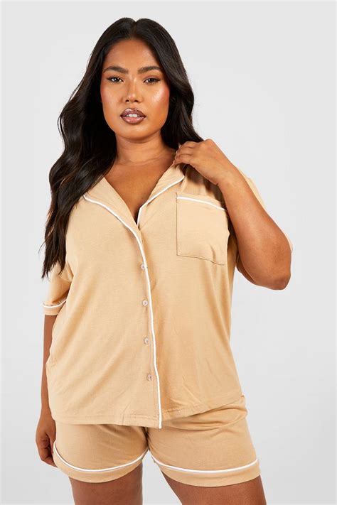 Plus Button Through Jersey Pyjama Short Set Boohoo Uk