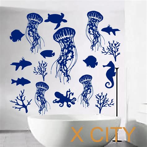 Fish Wall Decal Sea Shell Art Jellyfish Vinyl Bathroom Stickers Shower