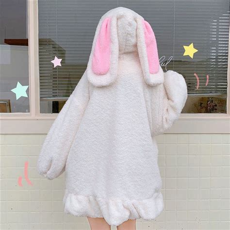 Rabbit Ears Hoodies Women Zip Up Sweatshirts Coat Long Lantern Sleeve