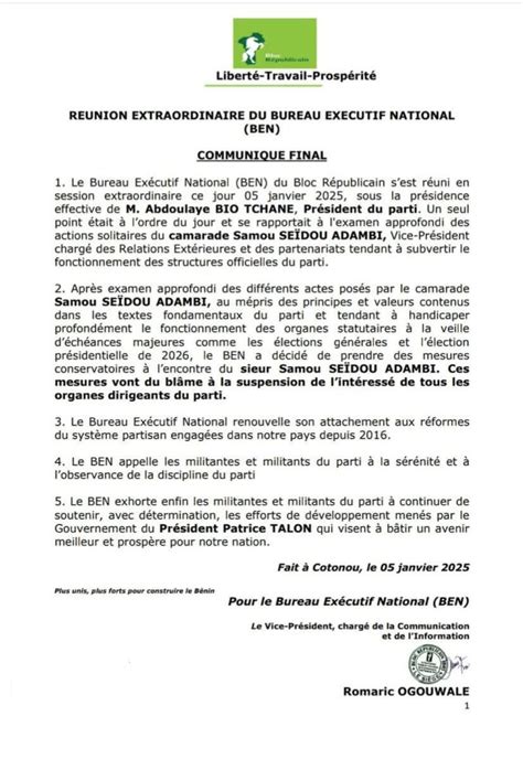 Bénin Vie des partis politiques le Ministre Samou Seidou Adambi