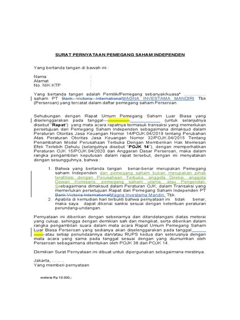 surat pernyataan pemegang saham independen