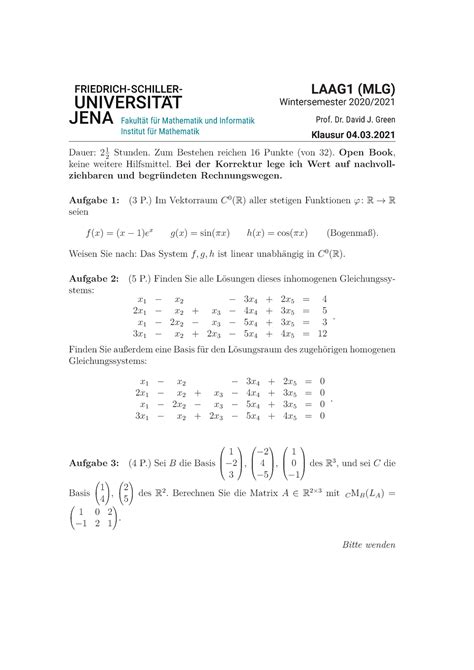 Klausur Ws Prof Green Fakult T F R Mathematik Und Informatik