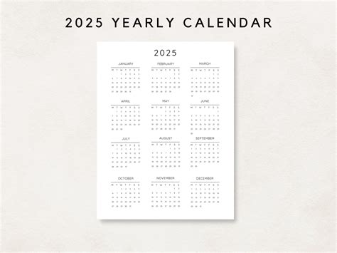 2025 Yearly Calendar Printable Calendar 2025 Calendar 2025 Digital