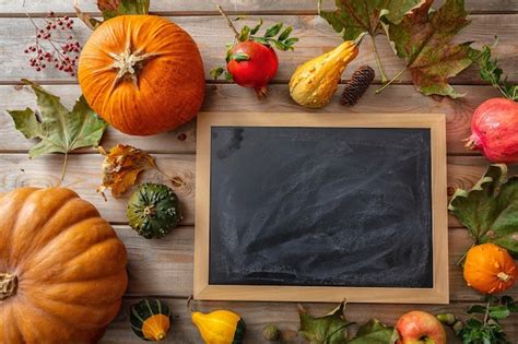 Piso De Acci N De Gracias Con Coloridas Frutas De Calabaza Y Pizarra En